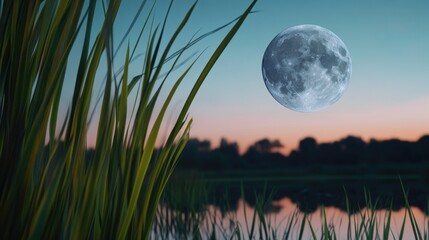 Wall Mural - a serene scene with a full moon rising above calm waters
