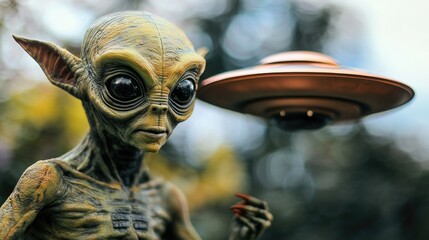 Canvas Print - a close-up view of a statue featuring an alien and a flying saucer