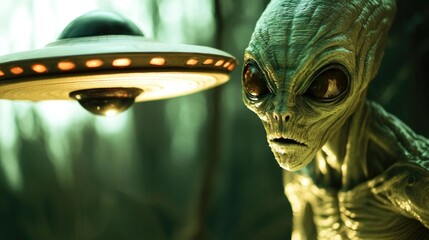 Wall Mural - close-up view of an extraterrestrial with a spacecraft in the background, great for sci-fi or space-