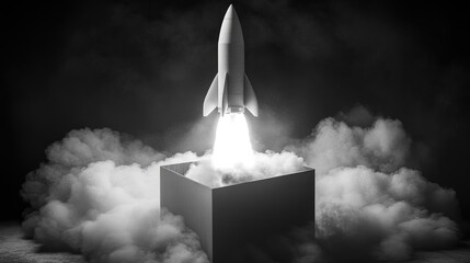 Wall Mural - a black and white photo of a rocket taking off