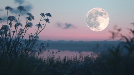 Wall Mural - a beautiful scene of the full moon rising above a field of flowers, perfect for use in editorial or 