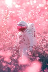 Canvas Print - an astronaut standing amidst a field of pink flowers