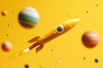 Wall Mural - a toy rocket soaring through the air against a backdrop of planets, perfect for use in illustrations