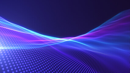 Wall Mural - purple and blue gradient particle waves with bokeh. neon futuristic digital waves. big data, enginee