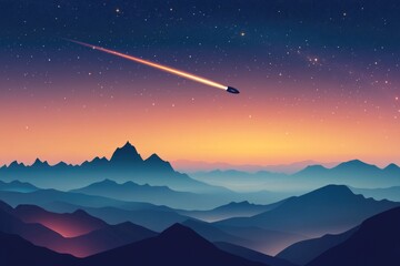 Wall Mural - airliner soaring through the darkness, with mountain peaks in the distance