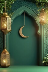 Wall Mural - A serene outdoor setting featuring a green wall with a lantern and a crescent moon hanging from it
