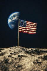 Wall Mural - american flag on the surface of the moon with a distant view of the earth