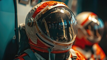 Wall Mural - close-up view of an astronaut's helmet on display, great for space-themed illustrations and designs