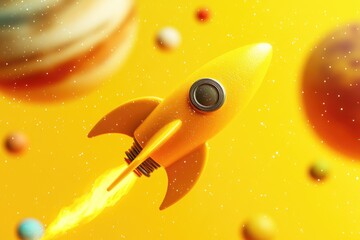 Wall Mural - a yellow rocket ship soaring through space amidst a backdrop of planets, perfect for sci-fi themed p