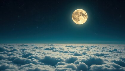 Wall Mural - Serene moon bathed in starlight, shining over a sea of clouds, peaceful, galaxy