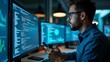 © IgorImageDoc - young man sitting front multiple computer monitors dark room wearing blue denim shirt glasses holding smartphone his hand monitors displaying various graphs charts different colors sizes man appears