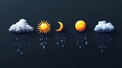 Rainy weather icons with sun, moon, clouds and water drops. Meteorology forecast symbols of rain, shower or downpour at day and night, 3d render set isolated on white background. 3D Illustration