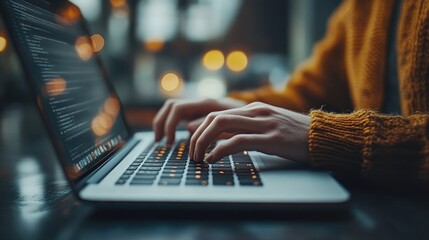Coding at Night: A Programmer's Focused Hands on a Laptop Keyboard