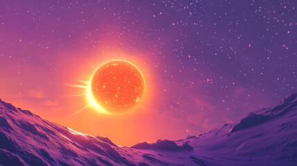 Wall Mural - orange planet light sun eclipse in space horizon background. sunrise glow abstract bg. galaxy world 