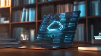 Cloud Computing on Laptop Displaying Digital Data and Information Technology