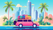 © Ruhi - Summer travel by car. Vector cartoon illustration of auto with luggage on road to tropical city with skyscrapers and palm trees. Concept of vacation, trip by car to resort