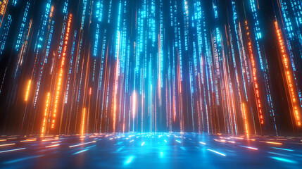 Wall Mural - an immersive digital scene features cascading vertical lines of light in blue, orange, and other col