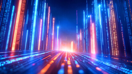 Wall Mural - a stunning display of colorful neon lights creates a futuristic cityscape, with vertical bars repres