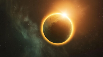 Wall Mural - green planet light glow eclipse in space horizon background. abstract earth flare realistic galaxy d