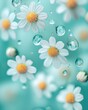 © Yalexai - Delicate chamomile blossoms with droplets on a soft aqua background, evoking freshness and tranquility in nature's beauty