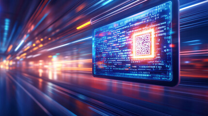 Wall Mural - a vibrant digital interface showcases a qr code, surrounded by luminous data streams in a futuristic