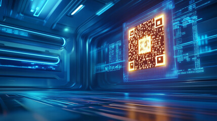Wall Mural - a glowing qr code is highlighted in a high-tech digital setting, surrounded by dynamic blue and oran