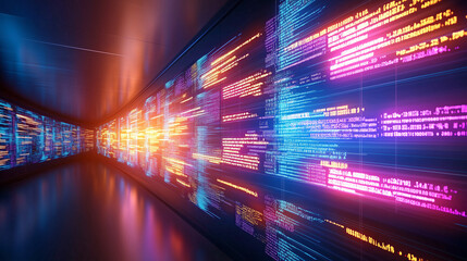 Wall Mural - a vibrant tunnel filled with colors showcases a flowing stream of digital data. the illuminated wall