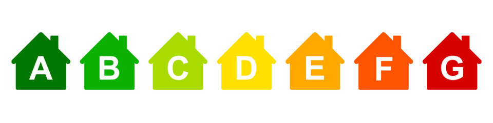 Wall Mural - energy efficient house with multicolor classification houses sign, smart eco house certification sys