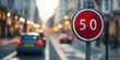 © Irina Ukrainets - A city street showing a prominent speed limit sign. The sign indicates 50 km/h. Blurred cars pass by as daylight fades. This image captures urban driving regulations. AI