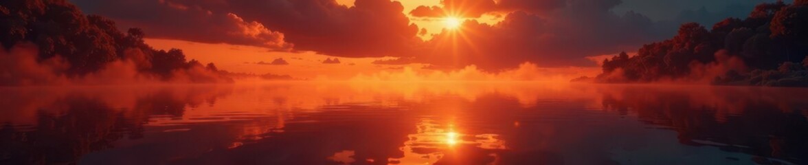Wall Mural - orange flames dance, lake's still surface mirrors fire , peaceful, fire, shadow