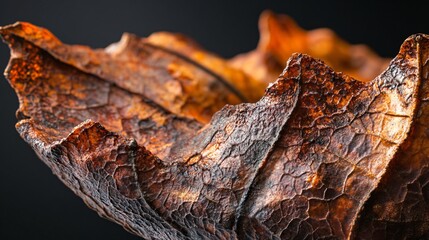 A macro shot of a dried, textured leaf with a complex, web-like surface and a dark background, highlighting the leaf's intricate details.