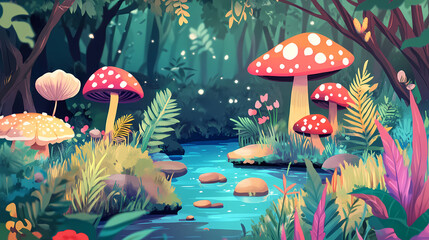 Wall Mural - A vibrant forest scene featuring colorful mushrooms, lush plants, and a serene stream, evoking a magical, enchanted atmosphere. Fungal Currents. Illustration