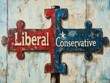 © Lamina - Rustic wooden puzzle sign splits into 'Liberal' and 'Conservative,' symbolizing political division, debate, and contrasting ideologies in modern society.