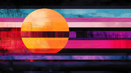 Wall Mural - Macro image of a geometric sunset scene, featuring a vivid orange sun and horizontal stripes in dark pink, purple, blue, and black,. Microcosmic Web. Illustration