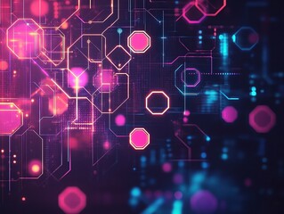 Wall Mural -  Abstract neon-lit digital network with interconnected geometric shapes, representing data flow, blockchain, and futuristic AI technology.