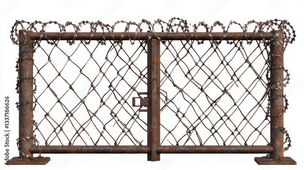 Stock-Illustration „Metal chain link fence with gate and barbwire. Old ...