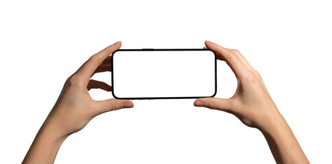 Hand holding a smartphone horizontally with a blank screen, perfect for video, gaming, and app mockup. Caucasian female presenting device for advertising and promotion. Isolated on white background..