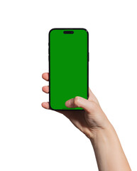 Hand holding a smartphone with a blank green chromakey screen, thumb touching the screen for biometric authentication or interaction. Ideal for app promotion and mockup. Isolated on white background..