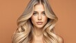 © schiers_images - Close-up portrait of a stunning woman, featuring wavy blonde hair, blue eyes, and an orange background, highlighting beauty and simplicity.