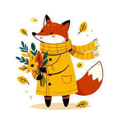 Wall Mural - Cartoon fox in yellow autumn coat with scarf and flowers. Perfect vector illustration for fall season themes, fashion concepts, or cozy seasonal character designs.