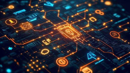 illuminated circuit board with interconnected pathways and glowing elements.