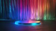 © NeuralStudio - A vibrant stage illuminated with neon lights, featuring colorful draped curtains in pink, blue, and orange tones, set in a sleek, abstract environment.