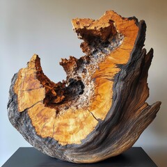 Aufkleber - Intricate Wood Sculpture: Abstract Tree Trunk Art with Eroded Center and Rich Grain Patterns, Displayed on a Modern Black Stand