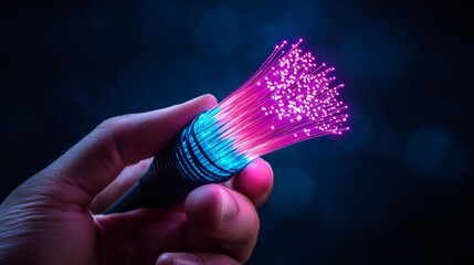 Poster - Hand holding fiber optic cable with futuristic lighting effects