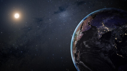 Wall Mural - panoramic view of the earth, sun, star and galaxy. sunrise over planet earth, view from space. eleme