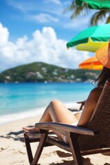 Wall Mural - Young caucasian woman relaxing on tropical beach under colorful umbrellas