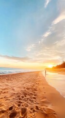 Wall Mural - Serene sunset beach scene with person walking on sandy shoreline
