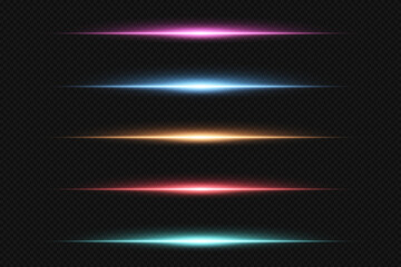 Set of neon laser light beams.Horizontal neon lighting.Vector illustration.