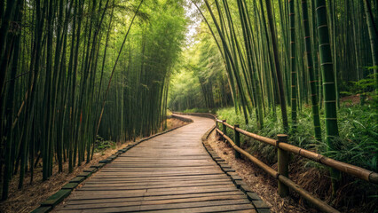  Rustic Wooden Pathway Through a Bamboo Forest - A winding wooden boardwalk leading deep into a dense bamboo forest. The tall green stalks stretch high into the sky, creating a natural tunnel