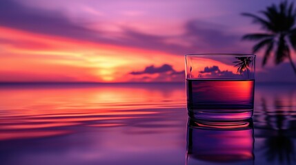 Wall Mural - a glass of water resting atop a table beside a palm tree during a vibrant sunset